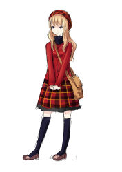 Rule 34 | 1girl, beret, black thighhighs, blonde hair, coat, full body, hat, kazuharu kina, loafers, long hair, long sleeves, plaid, red coat, shoes, solo, standing, thighhighs, turtleneck, v arms, zettai ryouiki