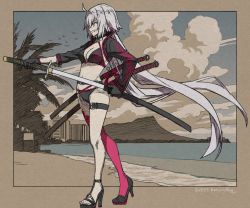 Rule 34 | 1girl, 2019, ahoge, animal, beach, bikini, bird, black footwear, black gloves, black jacket, border, breasts, cleavage, cloud, commentary request, cropped jacket, dated, decoponmagi, fate/grand order, fate (series), full body, gloves, holding, holding sword, holding weapon, jacket, jeanne d&#039;arc alter (fate), jeanne d&#039;arc alter (swimsuit berserker) (fate), katana, long hair, looking away, medium breasts, ocean, outdoors, outside border, profile, red thighhighs, sand, sheath, sheathed, shrug (clothing), single thighhigh, sky, smile, solo, strappy heels, swimsuit, sword, teeth, thighhighs, very long hair, water, weapon, white hair, yellow eyes