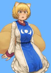 Rule 34 | 1girl, absurdres, animal ears, arms at sides, blonde hair, blue background, blue tabard, breasts, chanta (ayatakaoisii), dress, fox ears, fox tail, highres, large breasts, long sleeves, multiple tails, open mouth, short hair, simple background, solo, tabard, tail, touhou, white dress, yakumo ran