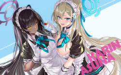 Rule 34 | 2girls, absurdres, apron, asuna (blue archive), black dress, black hair, blue archive, blue neckwear, blush, bow, bowtie, breasts, character name, choker, cleavage, dark-skinned female, dark skin, dress, elbow gloves, garter straps, gloves, halo, hands together, headphones, highres, karin (blue archive), kikimi, large breasts, light brown hair, long hair, long sleeves, looking at viewer, maid headdress, mole, mole on breast, multiple girls, neck ribbon, puffy short sleeves, puffy sleeves, ribbon, short sleeves, smile, thighhighs, thighs, white apron, white gloves, white legwear, yellow eyes