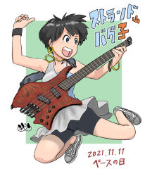 Rule 34 | 1girl, 2021, black hair, black wristband, blue eyes, check translation, commentary, czow, dated, earrings, electric guitar, excited, gold earrings, gold necklace, gold ring, guitar, guitar girl, highres, holding, holding guitar, holding instrument, instrument, jewelry, jumping, midair, necklace, open mouth, original, playing guitar, shoes, short hair, signature, simple background, sneakers, solo, translation request, white background
