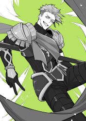 Rule 34 | 1boy, absurdres, achilles (fate), armor, fate/grand order, fate (series), feet out of frame, furrowed brow, gauntlets, green background, greyscale with colored background, grin, haruakira, highres, male focus, mature male, polearm behind back, sash, short hair, shoulder armor, simple background, smile, solo, undercut, v