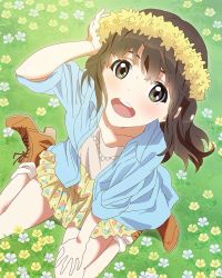 Rule 34 | 10s, 1girl, :d, blush, boots, brown eyes, brown hair, field, floral print, flower, flower field, from above, head wreath, katayama minami, long hair, looking at viewer, official art, open mouth, sitting, skirt, smile, solo, wake up girls!, wake up girls! stage no tenshi, wariza, wind, wreath