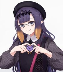 Rule 34 | 1girl, beret, black-framed eyewear, black dress, black hat, black ribbon, blunt bangs, blush, center-flap bangs, closed mouth, collared shirt, commentary, dress, glasses, gradient hair, grey shirt, hands up, hat, heart, heart hands, hololive, hololive english, long hair, long sleeves, looking at viewer, mole, mole under eye, multicolored hair, neck ribbon, ninomae ina&#039;nis, ninomae ina&#039;nis (casual), official alternate costume, orange hair, pinafore dress, pinstripe pattern, pinstripe shirt, pointy ears, puffy long sleeves, puffy sleeves, purple eyes, purple hair, ribbon, shirt, sidelocks, simple background, sleeveless, sleeveless dress, smile, solo, striped clothes, striped shirt, symbol-only commentary, takodachi (ninomae ina&#039;nis), tentacle hair, upper body, vertical-striped clothes, vertical-striped shirt, virtual youtuber, white background, yuuyu (777)