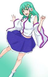 Rule 34 | 1girl, blue skirt, collared shirt, commentary, detached sleeves, frog hair ornament, gradient background, green eyes, hair ornament, hair tubes, highres, kakone, kochiya sanae, looking at viewer, one-hour drawing challenge, open mouth, shirt, sidelocks, skirt, snake hair ornament, socks, solo, touhou, white shirt, white socks, wide sleeves