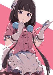 Rule 34 | 1girl, apron, bandana, blend s, commission, cowboy shot, frilled apron, frills, gloves, head scarf, highres, long hair, looking at viewer, low twintails, pink shirt, pink skirt, purple eyes, rauto, sakuranomiya maika, shirt, skirt, solo, spoon, stile uniform, twintails, two-tone background, waist apron, waitress, white apron, white gloves