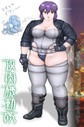 Rule 34 | 1girl, bad id, bad pixiv id, bodysuit, breasts, cleavage, cyborg, fat, fingerless gloves, ghost in the shell, ghost in the shell stand alone complex, gloves, gun, jacket, kusanagi motoko, large breasts, leotard, purple hair, red eyes, short hair, solo, tachikoma, thighhighs, translation request, weapon
