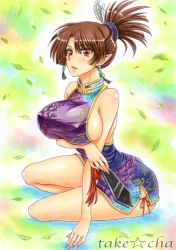 Rule 34 | 1girl, arm support, artist name, bad id, bad pixiv id, bare shoulders, blush, breast hold, breasts, brown eyes, brown hair, china dress, chinese clothes, dress, earrings, female focus, hair ornament, inuyasha, jewelry, kagura (inuyasha), large breasts, leaf, looking at viewer, marker (medium), pointy ears, short hair, short ponytail, sideboob, sitting, solo, takecha, traditional media