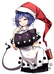 Rule 34 | 1girl, arm behind back, book, breasts, closed mouth, curvy, doremy sweet, dress, hand up, hat, highres, holding, holding book, large breasts, looking at viewer, nightcap, one eye closed, pom pom (clothes), purple eyes, purple hair, raptor7, red hat, simple background, solo, suggestive fluid, tail, tapir tail, touhou, white background, white dress