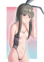 Rule 34 | 1girl, :o, animal ears, arms behind back, black eyes, black hair, blunt bangs, blush, breasts, commentary request, fake animal ears, hatsuyuki (kancolle), highres, hime cut, kantai collection, leotard, long hair, looking at viewer, medium breasts, meme attire, parted lips, playboy bunny, rabbit ears, sakieko, see-through, see-through leotard, sidelocks, simple background, solo, translucent bunnysuit