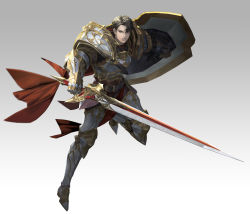 Rule 34 | 1boy, absurdres, armor, armored boots, belt, black hair, boots, brown belt, brown eyes, cape, closed mouth, daeho cha, full body, gauntlets, gold trim, gradient background, grey background, highres, holding, holding shield, holding sword, holding weapon, lips, looking at viewer, male focus, official art, parted bangs, r2m, red cape, shield, short hair, shoulder armor, solo, sword, thigh boots, weapon