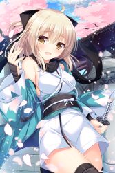 Rule 34 | 1girl, :d, ahoge, architecture, bare shoulders, black bow, black scarf, black thighhighs, blush, bow, breasts, brown eyes, cherry blossoms, cowboy shot, day, east asian architecture, fate (series), hair bow, haori, highres, japanese clothes, katana, kimono, koha-ace, long sleeves, looking at viewer, medium breasts, no panties, obi, off shoulder, okita souji (fate), okita souji (koha-ace), open mouth, outdoors, petals, pink hair, ponytail, sash, scarf, shinsengumi, short kimono, smile, sword, thighhighs, thighs, tomoo (tomo), weapon, wide sleeves