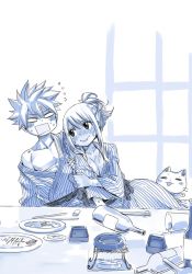 Rule 34 | 1boy, 1girl, arm hug, blush, breasts, cat, cleavage, drunk, fairy tail, food, hair up, happy (fairy tail), japanese clothes, looking at another, lucy heartfilia, mashima hiro, monochrome, natsu dragneel, smile, spiked hair, table