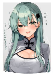 Rule 34 | 1girl, alternate costume, blush, border, breasts, china dress, chinese clothes, cleavage, cleavage cutout, clothing cutout, commentary request, dress, green eyes, green hair, grey background, hair ornament, kantai collection, large breasts, looking at viewer, open mouth, outside border, parted bangs, sawamura aoi, smile, solo, suzuya (kancolle), translation request, upper body, white border, white dress