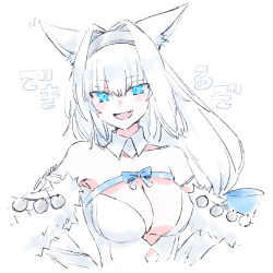 Rule 34 | 1girl, animal ears, blue eyes, blue ribbon, bow, breasts, citron80citron, dobrynya nikitich (fate), fang, fate/grand order, fate (series), hair intakes, hands on own hips, long hair, ribbon, white background, white hair
