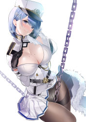 Rule 34 | 1girl, azur lane, blue eyes, blue hair, blush, breasts, chain, chapayev (azur lane), cleavage, hair ornament, hat, highres, large breasts, looking at viewer, military, military hat, military uniform, mole, mole on breast, pantyhose, peaked cap, simple background, skirt, solo, tagme, thighhighs, thighs, underwear, uniform, white background