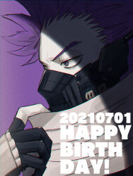 Rule 34 | 1boy, bags under eyes, boku no hero academia, chromatic aberration, dated, from side, gloves, grey scarf, happy birthday, highres, looking ahead, male focus, mask, partially fingerless gloves, purple eyes, purple hair, rnuyvm, scarf, shinsou hitoshi, short hair, sidelighting, solo, spiked hair