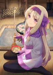 Rule 34 | 1girl, ainu clothes, black pantyhose, blush, bow, bowl, breasts, closed mouth, fate/grand order, fate (series), fingerless gloves, food, gloves, hair between eyes, hair bow, hairband, highres, illyasviel von einzbern, long hair, long sleeves, looking at viewer, pantyhose, pink eyes, purple bow, purple gloves, purple hairband, purple scarf, sash, scarf, sitonai (fate), sitting, small breasts, smile, solo, spoon, thighs, tsuchifumazu, wariza, white hair