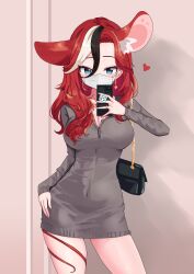 Rule 34 | 1girl, absurdres, alternate costume, animal ear fluff, animal ears, bag, blue eyes, breasts, cafelittle, cellphone, cleavage, contrapposto, covered navel, cowboy shot, dice, dress, grey dress, hair between eyes, hair over shoulder, hakos baelz, handbag, heart, highres, hololive, hololive english, long hair, long sleeves, mask, medium breasts, mouse ears, mouse tail, mouth mask, multicolored hair, partially unbuttoned, pencil dress, phone, red hair, selfie, short dress, smartphone, solo, streaked hair, sweater, sweater dress, tail, tail wrap, thighs, virtual youtuber