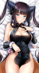 Rule 34 | 1girl, bare shoulders, black dress, blue eyes, blush, breasts, china dress, chinese clothes, cleavage, detached sleeves, dress, fate/grand order, fate (series), hair ornament, large breasts, leaf hair ornament, long hair, looking at viewer, purple hair, rei kun, side slit, sidelocks, solo, thighs, twintails, very long hair, yang guifei (fate), yang guifei (second ascension) (fate)