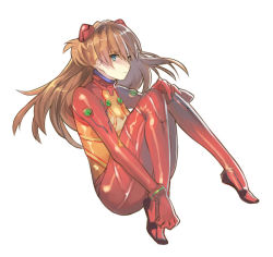 Rule 34 | 00s, 1girl, blue eyes, bodysuit, brown hair, evangelion: 2.0 you can (not) advance, fetal position, full body, hair ornament, long hair, looking at viewer, multicolored clothes, neon genesis evangelion, plugsuit, rebuild of evangelion, red bodysuit, see-through, see-through bodysuit, shiny clothes, simple background, solo, souryuu asuka langley, test plugsuit, very long hair, white background, wide hips, yunomachi