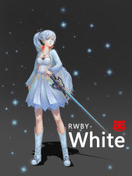 Rule 34 | 1girl, bad id, bad pixiv id, blue eyes, boots, copyright name, dress, earrings, highres, jewelry, long hair, necklace, rapier, rwby, shui qian he kafei, solo, sword, very long hair, weapon, weiss schnee