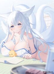 Rule 34 | 1girl, alternate costume, animal ear fluff, artist name, azur lane, blurry, blurry foreground, book, breasts, cleavage, hair between eyes, hand on own cheek, hand on own face, highres, huge breasts, indoors, large tail, long hair, manjuu (azur lane), open book, purple eyes, reading, roido (taniko-t-1218), shinano (azur lane), shirt, solo, spaghetti strap, tail, very long hair, white hair, white shirt, white tail
