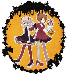 Rule 34 | 2girls, bandaged arm, bandages, black dress, black eyes, black footwear, black horns, black wings, boko (girls und panzer), brown eyes, brown hair, candy, choker, cleavage cutout, closed mouth, clothing cutout, demon horns, demon wings, dress, empty eyes, food, frilled dress, frills, girls und panzer, halloween, halloween bucket, halloween costume, heart cutout, high heels, highres, holding, holding candy, holding food, holding stuffed toy, horns, jack-o&#039;-lantern, light brown hair, lollipop, looking at viewer, multiple girls, nishizumi miho, one side up, outline, pantyhose, polearm, puffy short sleeves, puffy sleeves, red choker, red dress, red footwear, red horns, red wings, ri (qrcode), shimada arisu, shoes, short dress, short sleeves, sleeveless, sleeveless dress, standing, star (symbol), stuffed toy, trident, weapon, white outline, wings