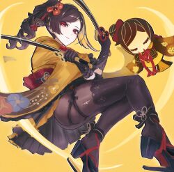 Rule 34 | 1girl, black footwear, black gloves, brown hair, brown pantyhose, chiori (genshin impact), commentary request, dual wielding, genshin impact, gloves, haori, high heels, highres, holding, holding sword, holding weapon, japanese clothes, katana, long hair, looking at viewer, pantyhose, ponytail, red eyes, sanshoku dango (ahxf3842), smile, solo, sword, tamoto (genshin impact), thighs, weapon, yellow background