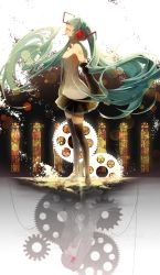 Rule 34 | 1girl, :d, absurdres, blush, boots, crossed arms, detached sleeves, different reflection, dual persona, closed eyes, floating hair, from side, gears, green hair, hatsune miku, head down, highres, lens flare, long hair, looking up, necktie, open mouth, pleated skirt, profile, reflection, saihate (saihate d3), shirt, sitting, skirt, sleeveless, sleeveless shirt, smile, stained glass, standing, tears, thigh boots, thighhighs, twintails, very long hair, vocaloid