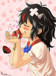 Rule 34 | 2girls, black hair, black sash, blush stickers, bow, bowl, closed eyes, commentary request, crossed bandaids, dated, frilled sash, full body, grey hair, grey horns, heart, heart background, horns, japanese clothes, kijin seija, kimono, kiss, long sleeves, medium hair, mini person, minigirl, multicolored hair, multiple girls, obi, open mouth, puffy short sleeves, puffy sleeves, red hair, red kimono, sash, short sleeves, signature, size difference, streaked hair, striped horns, sukuna shinmyoumaru, touhou, upper body, wide sleeves, you&#039;re doing it wrong, yukiman, yuri
