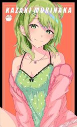 Rule 34 | 1girl, aged up, bare shoulders, black border, border, camisole, character name, closed mouth, commentary request, double bun, green eyes, green hair, hair bun, highres, jacket, jewelry, kisaragi chiyuki, long sleeves, looking at viewer, morinaka kazaki, necklace, nijisanji, orange background, pink jacket, short hair, simple background, sitting, smile, solo, virtual youtuber