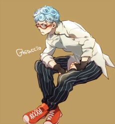 Rule 34 | 1boy, blue hair, character name, fingerless gloves, ghiaccio, glasses, gloves, jojo no kimyou na bouken, male focus, nanaharu, pants, pinstripe pants, pinstripe pattern, red-framed eyewear, shoes, simple background, sneakers, solo, striped clothes, striped pants, vertical-striped clothes, vertical-striped pants