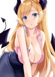 Rule 34 | 1girl, asymmetrical hair, bat tattoo, black skirt, blonde hair, blue eyes, blush, breast tattoo, breasts, cleavage, collared shirt, commentary, cowboy shot, demon horns, demon tail, demon wings, frilled shirt, frills, hair ribbon, hololive, horns, kosuke (bb), large breasts, long hair, looking at viewer, parted bangs, pink shirt, pointy ears, puckered lips, ribbon, shirt, shirt tucked in, sidelocks, simple background, skirt, sleeveless, sleeveless shirt, solo, tail, tattoo, virtual youtuber, white background, white ribbon, wing collar, wings, yuzuki choco, yuzuki choco (1st costume)