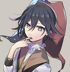Rule 34 | 1boy, alternate costume, black hair, blood, brown background, commentary request, danganronpa (series), danganronpa v3: killing harmony, finger to mouth, hair between eyes, hand up, hat, highres, huyuharu0214, jester, jester cap, long sleeves, looking at viewer, male focus, messy hair, oma kokichi, polka dot headwear, purple eyes, red hat, shirt, signature, solo, upper body, vest