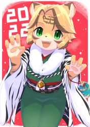 Rule 34 | 1girl, 2022, 848siba, absurdres, animal ears, bell, black hair, blonde hair, chinese zodiac, claw pose, female focus, furry, furry female, green eyes, green kimono, highres, huge filesize, japanese clothes, jingle bell, kimono, looking at viewer, multicolored hair, new year, obi, open mouth, original, parted hair, pawpads, sash, solo, tiger ears, tiger girl, two-tone hair, wide sleeves, year of the tiger