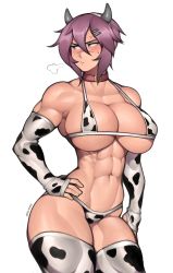 Rule 34 | 1girl, abs, absurdres, anger vein, animal print, artist name, bikini, blue eyes, blush, breasts, collar, collarbone, commentary, cow horns, cow print, cow print bikini, cowboy shot, elbow gloves, embarrassed, english commentary, fake horns, gloves, hair between eyes, hand on own hip, highres, horns, large breasts, maya (roadi3), muscular, muscular female, navel, original, print bikini, purple hair, roadi3, scar, scar on face, scar on nose, short hair, simple background, solo, standing, sweatdrop, swimsuit, thighhighs, twitter username, white background