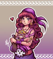 Rule 34 | 1girl, bag, bandana, belt, captain syrup, coin, curly hair, earrings, heart, jewelry, mario (series), necklace, nintendo, octoppoi, smile, solo, stuffed toy, wario, wario land, wario land: shake it!