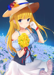 Rule 34 | 1girl, bare shoulders, blonde hair, blue eyes, blue ribbon, blush, bow, braid, breasts, collarbone, flower, hat, hat ribbon, holding, holding flower, kimm, long hair, looking at viewer, medium breasts, original, parted lips, red bow, ribbon, solo, sun hat, tears