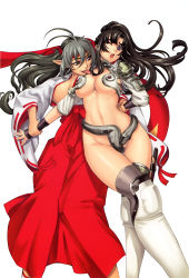 Rule 34 | 2girls, absurdres, armor, bikini armor, black hair, breasts, cleavage, cosplay, costume switch, curvy, echidna (cosplay), echidna (queen&#039;s blade), echidna (queen's blade), eiwa, headband, highres, hip focus, japanese clothes, large breasts, long hair, miko, multiple girls, musha miko tomoe, pointy ears, purple eyes, queen&#039;s blade, revealing clothes, sword, thighhighs, tomoe (queen&#039;s blade), tomoe (queen&#039;s blade) (cosplay), tomoe (queen's blade), underboob, veteran mercenary echidna, weapon, wide hips, yuri