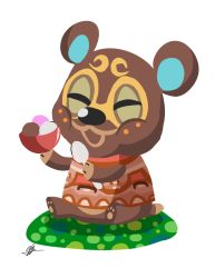Rule 34 | 1boy, animal crossing, clay (animal crossing), closed eyes, food, highres, holding, holding food, holding ice cream, holding spoon, ice cream, nintendo, simple background, sitting, smile, spoon, transparent background