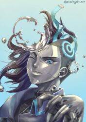 Rule 34 | 1girl, asymmetrical hair, blue eyes, commentary, earrings, english commentary, eveningsky som, highres, jewelry, metal skin, official alternate costume, one eye closed, overwatch, overwatch 2, quicksilver sombra, sidecut, silver skin, solo, sombra (overwatch), twitter username, undercut, upper body, wire