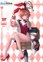 Rule 34 | 1girl, absurdres, ahoge, animal ears, asymmetrical bangs, bandaid, bandaid on foot, bandaid on knee, bandaid on leg, bare legs, blue archive, bow, bowtie, braid, cafeiner, chair, character name, checkered background, copyright name, detached collar, fake animal ears, halo, highres, huge ahoge, jacket, leotard, logo, mole, mole under eye, neru (blue archive), neru (bunny) (blue archive), orange hair, oversized breast cup, playboy bunny, print jacket, rabbit ears, red bow, red bowtie, red eyes, red leotard, single braid, sitting, solo, strapless, strapless leotard, sukajan, tag, traditional bowtie