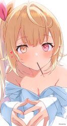 Rule 34 | 1girl, alternate costume, bare shoulders, blonde hair, blush, breasts, cleavage, commentary request, cropped torso, food, h (eitilog), hair ribbon, heart, heterochromia, highres, hoshikawa sara, long hair, looking at viewer, medium breasts, mouth hold, nijisanji, off shoulder, orange eyes, own hands together, pink ribbon, pocky, red eyes, ribbon, shirt, side ponytail, simple background, sleeves past wrists, solo, steepled fingers, twitter username, upper body, very long hair, virtual youtuber, white background, white shirt, yellow ribbon