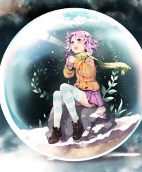 Rule 34 | 1girl, absurdres, d-pad, highres, neptune (neptunia), neptune (series), panties, purple eyes, purple hair, scarf, segamark, sitting, smile, snow, snow globe, solo, striped clothes, striped thighhighs, thighhighs, underwear