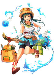 Rule 34 | 1girl, :d, aqua hair, backpack, bag, belt, belt pouch, black shorts, blue ribbon, blue skirt, book, brown eyes, brown footwear, full body, geetgeet, hat, highres, jewelry, looking at viewer, necklace, open mouth, original, potion, pouch, ribbon, sandals, shorts, skirt, smile, solo, staff, twintails, vial, water