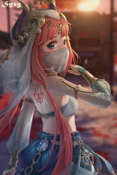 Rule 34 | 1girl, 3d background, absurdres, armpits, back tattoo, bare back, belt, blurry, bracer, commentary request, dancer, depth of field, eyes visible through hair, fake horns, from behind, genshin impact, green eyes, headpiece, highres, hood, horns, long hair, long sleeves, looking at viewer, looking back, low twintails, midriff, nilou (genshin impact), red hair, shoulder blades, sidelocks, solo, syxg, tattoo, twintails, vision (genshin impact)