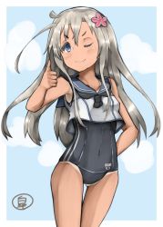 Rule 34 | 10s, 1girl, absurdres, blue eyes, covered navel, cowboy shot, crop top, flower, hair flower, hair ornament, highres, japanese flag, kantai collection, logo, one-piece tan, one eye closed, ourah ikuzus, ro-500 (kancolle), sailor collar, school swimsuit, smile, solo, swimsuit, swimsuit under clothes, tan, tanline, thumbs up