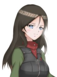 Rule 34 | 1girl, absurdres, black hair, black vest, blue eyes, closed mouth, commentary, croissant is2, girls und panzer, green jacket, highres, insignia, jacket, long hair, looking to the side, military, military uniform, nonna (girls und panzer), portrait, pravda military uniform, red shirt, shirt, simple background, smile, solo, swept bangs, turtleneck, uniform, vest, white background, zipper