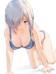Rule 34 | 10s, 1girl, all fours, arm support, bare arms, bare legs, bare shoulders, barefoot, blue bra, blue eyes, blue panties, blush, bra, breasts, cleavage, dutch angle, embarrassed, foreshortening, hair ornament, hair over one eye, hairclip, hamakaze (kancolle), hanging breasts, head tilt, kantai collection, medium breasts, nervous smile, panties, pinakes, shiny skin, short hair, silver hair, simple background, smile, solo, underwear, underwear only, white background